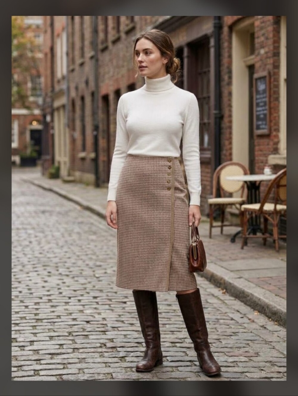 Vintage Susan Bristol Classic Houndstooth Pencil Wool Skirt in Beige and Cream